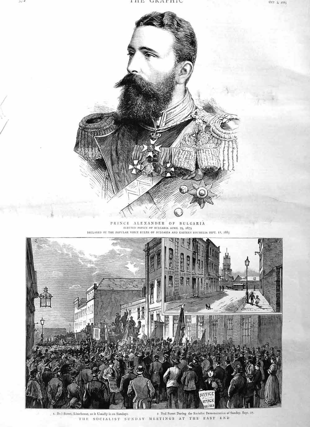 Original Old Antique Print 1885 Prince Alexander Bulgaria Socialist East London