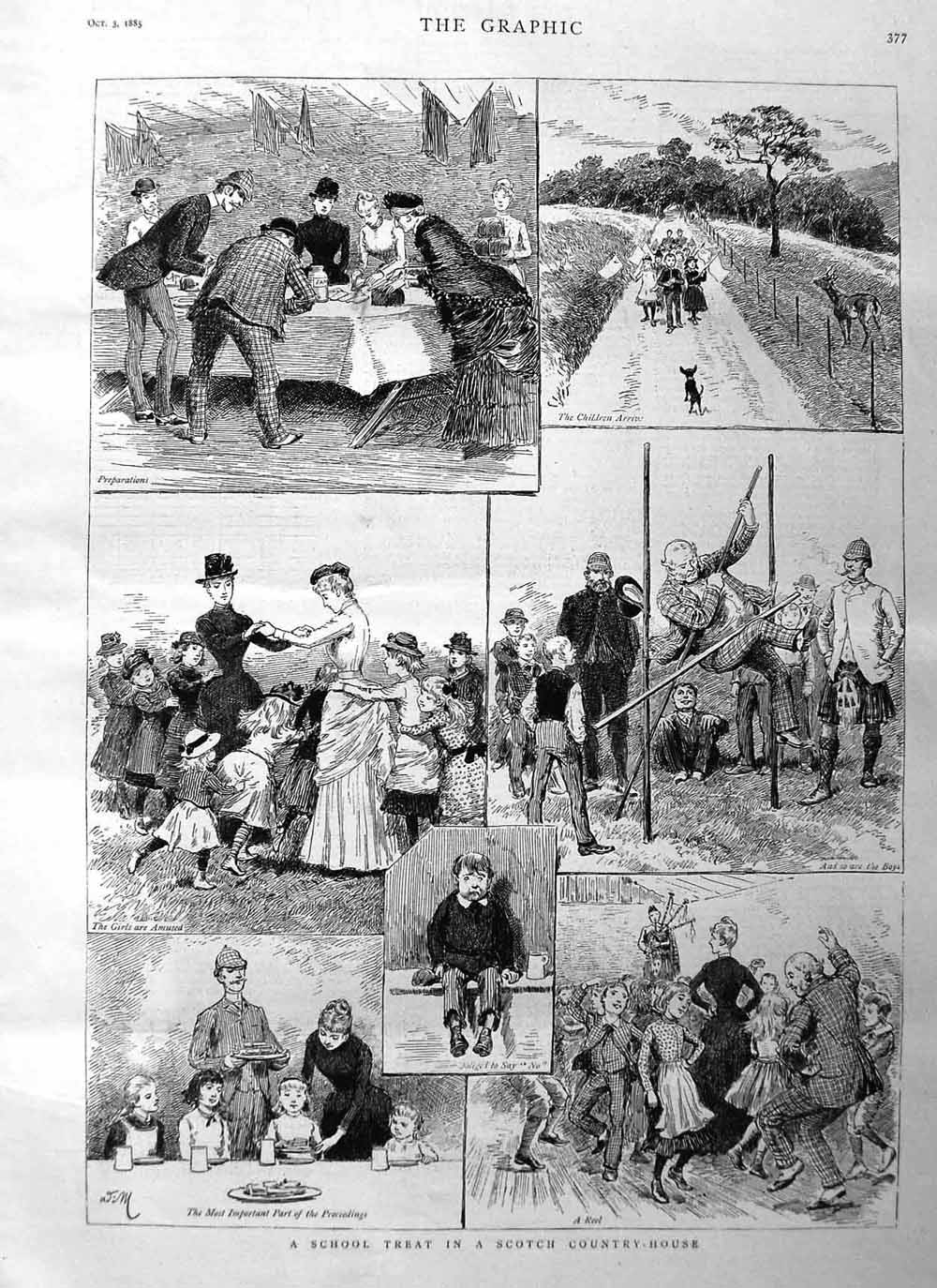 Original Old Antique Print 1885 School Children Treat Scotland Country House