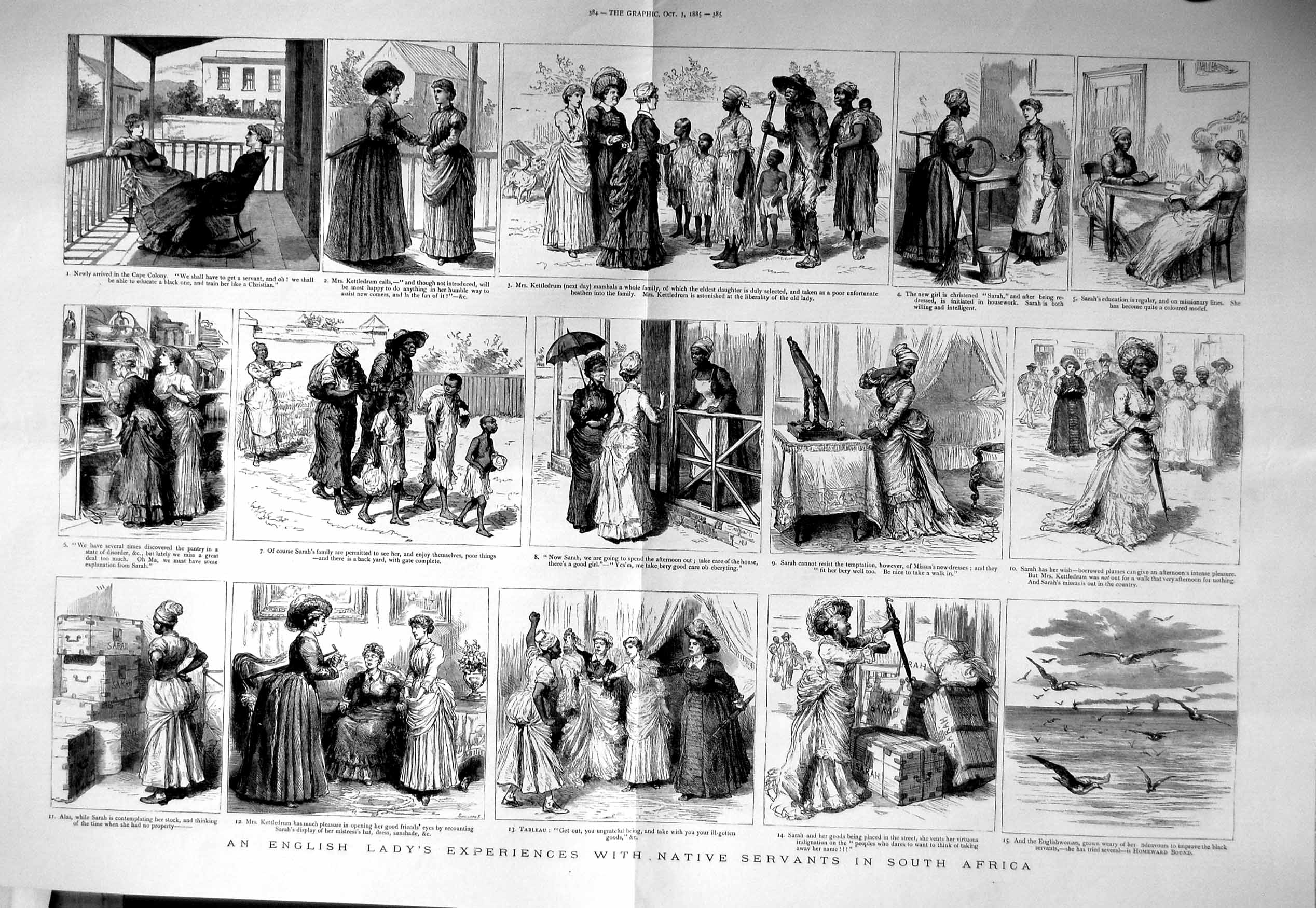 Original Old Antique Print 1885 English Lady Native Servants South Africa 19th