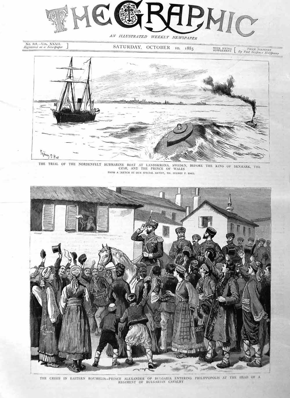 Original Old Antique Print 1885 Roumelia Prince Alexander Nordenfeldt Submarine