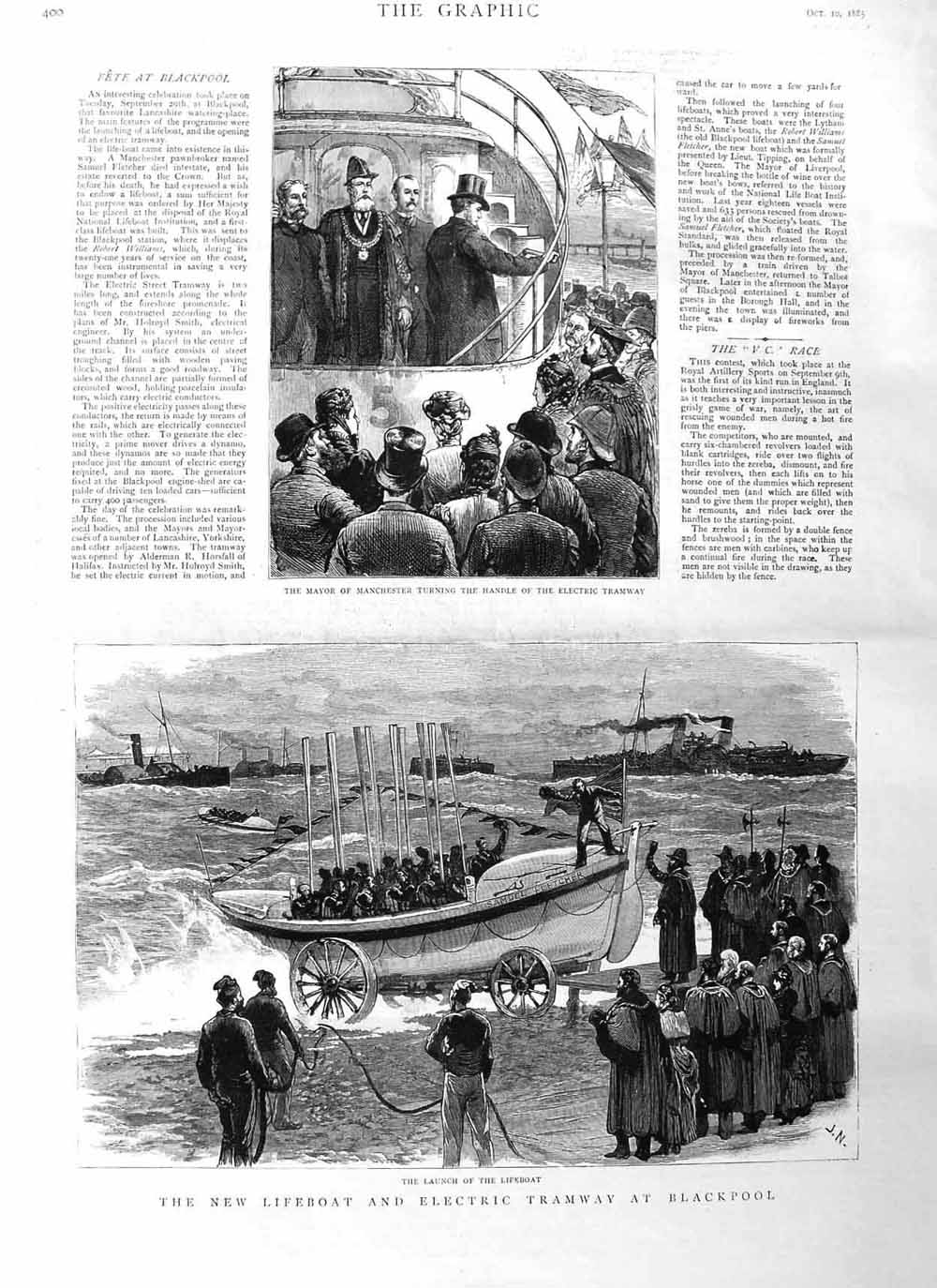 Original Old Antique Print 1885 Lifeboat Electric Tramway Blackpool Man 19th