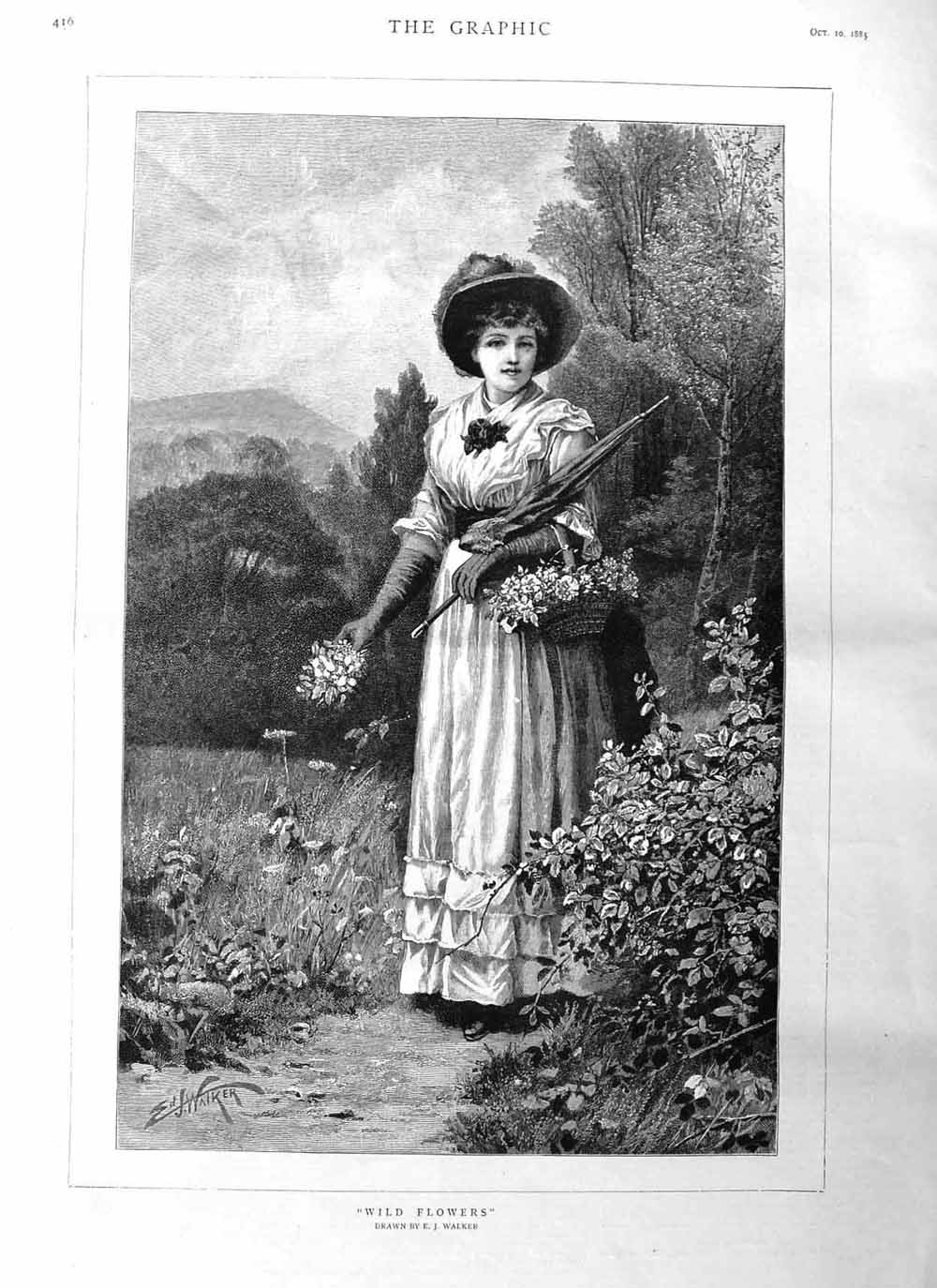 Original Old Antique Print 1885 Fine Art Beautiful Woman Picking Flowers 19th