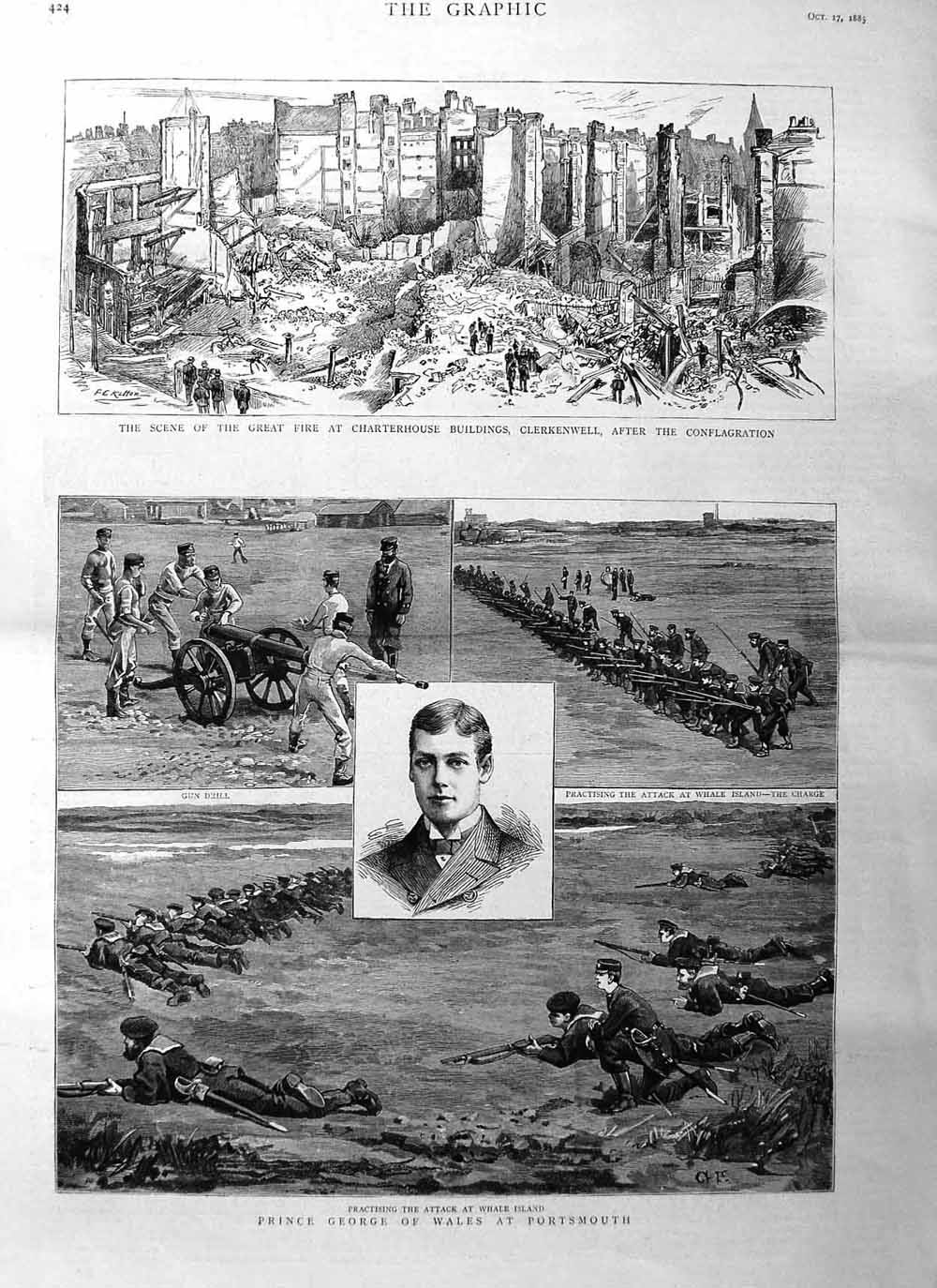 Old Antique Print 1885 Prince George Wales Portsmouth Charterhouse Fire 19th