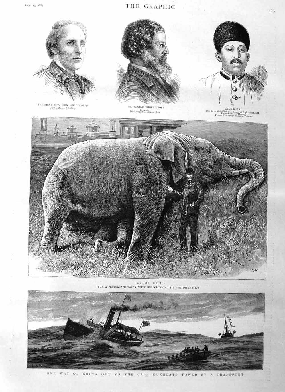 Original Old Antique Print 1885 Jumbo Elephant Gunboats Cape Wordsworth Khan