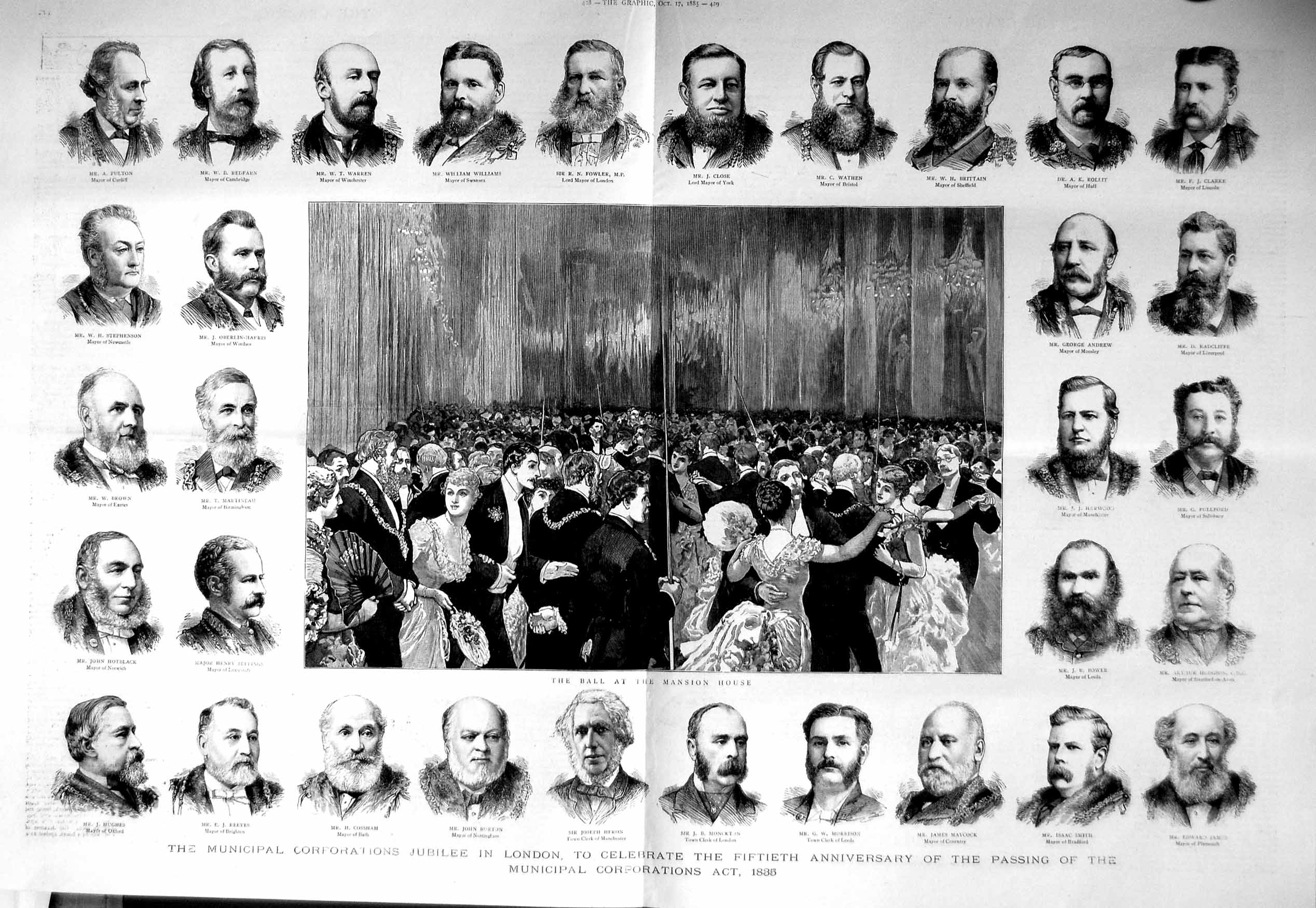 Original Old Antique Print 1885 Municipal Jubilee London Mansion Heron Fowler