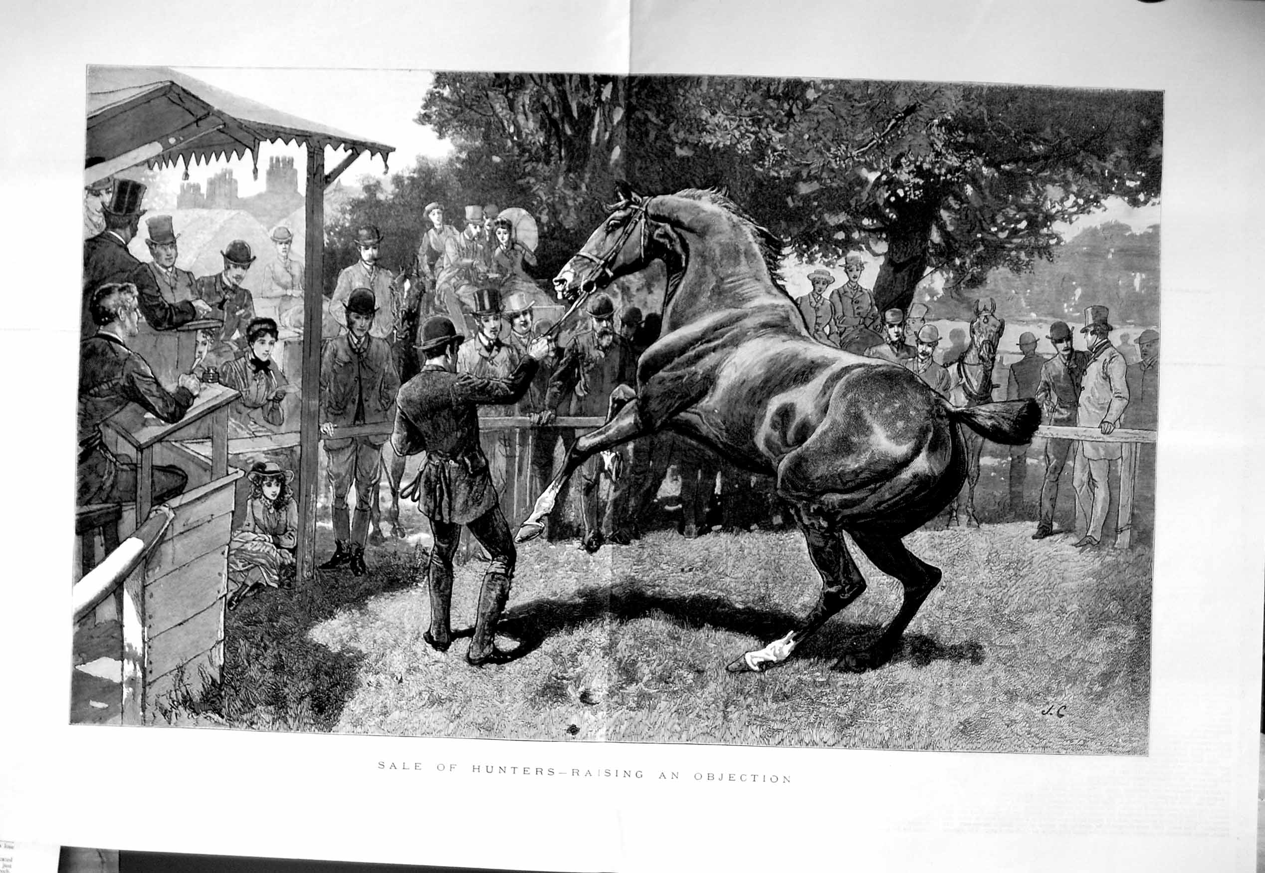 Original Old Antique Print 1885 Sale Hunters Horses Auction Men F 19th