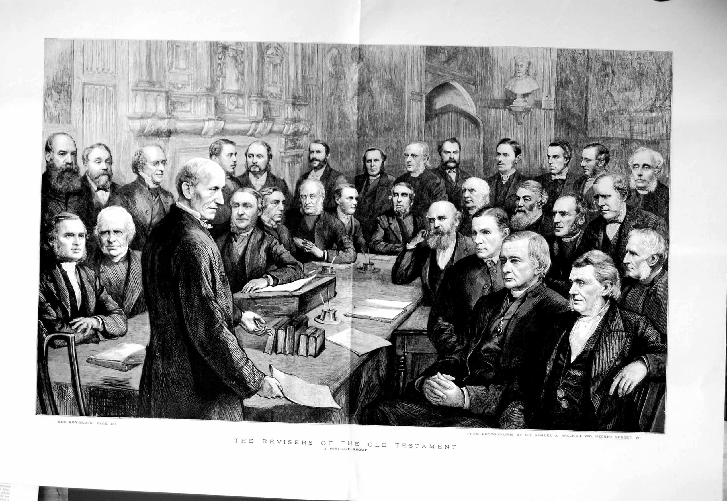 Original Old Antique Print 1885 Fine Art Men Revisers Testament Walker 19th