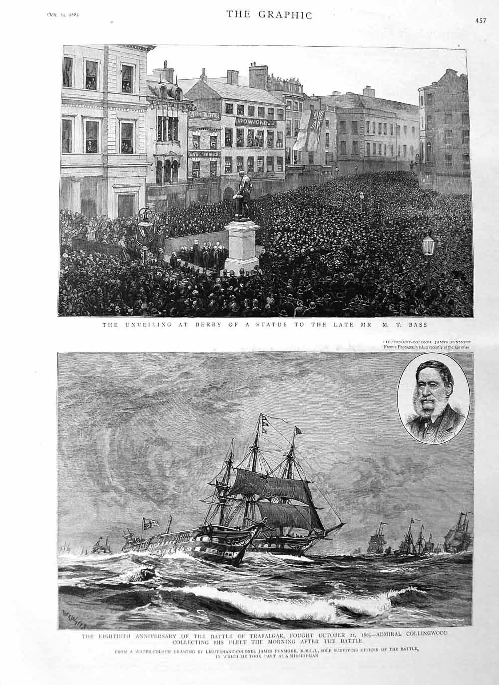 Original Old Antique Print 1885 Derby Statue Bass Fynmore Battle Trafalgar Ship
