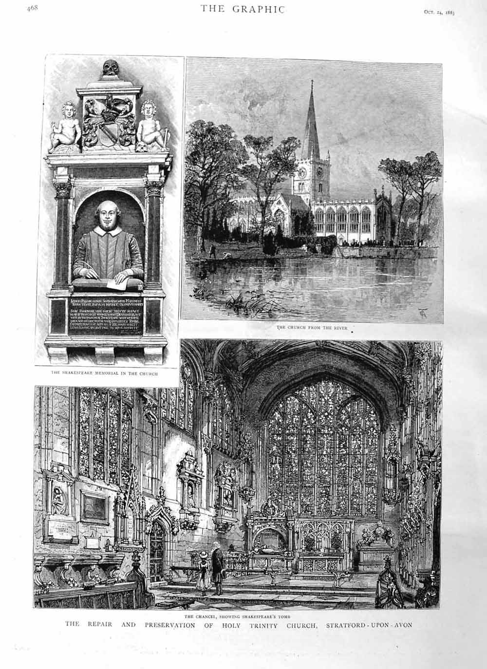 Original Old Antique Print 1885 Trinity Church Stratford-Upon-Avon Shakespeare