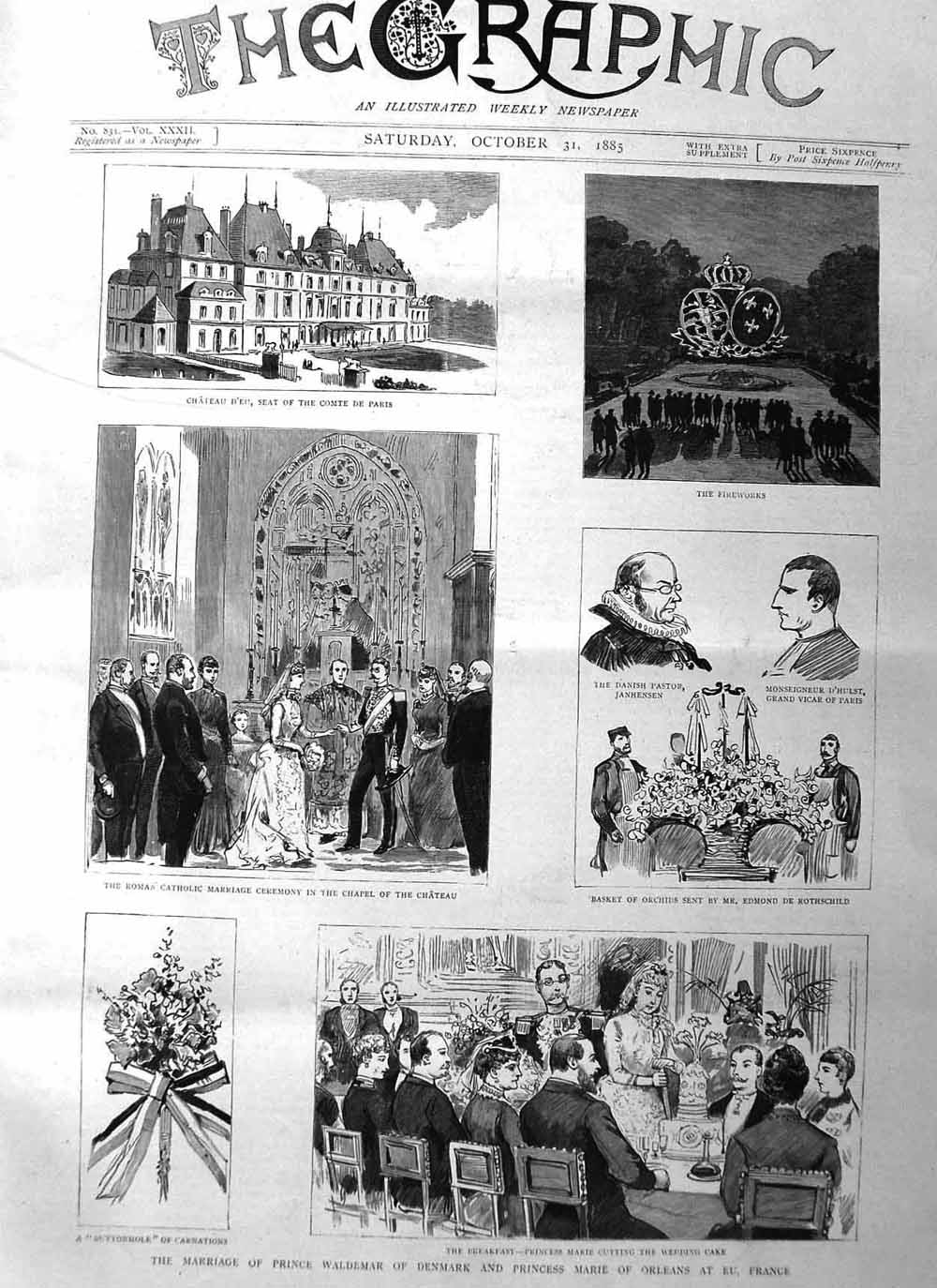 Original Old Antique Print 1885 Marriage Prince Waldemar Denmark Marie Orleans