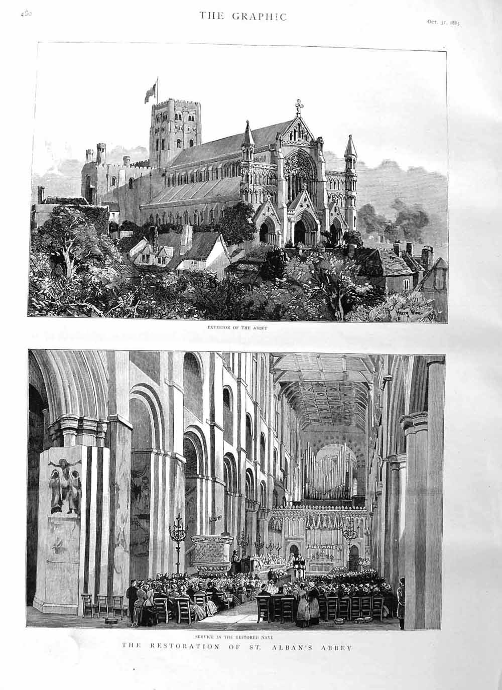 Original Old Antique Print 1885 St. Alban'S Abbey Restored Nave Archi Victorian