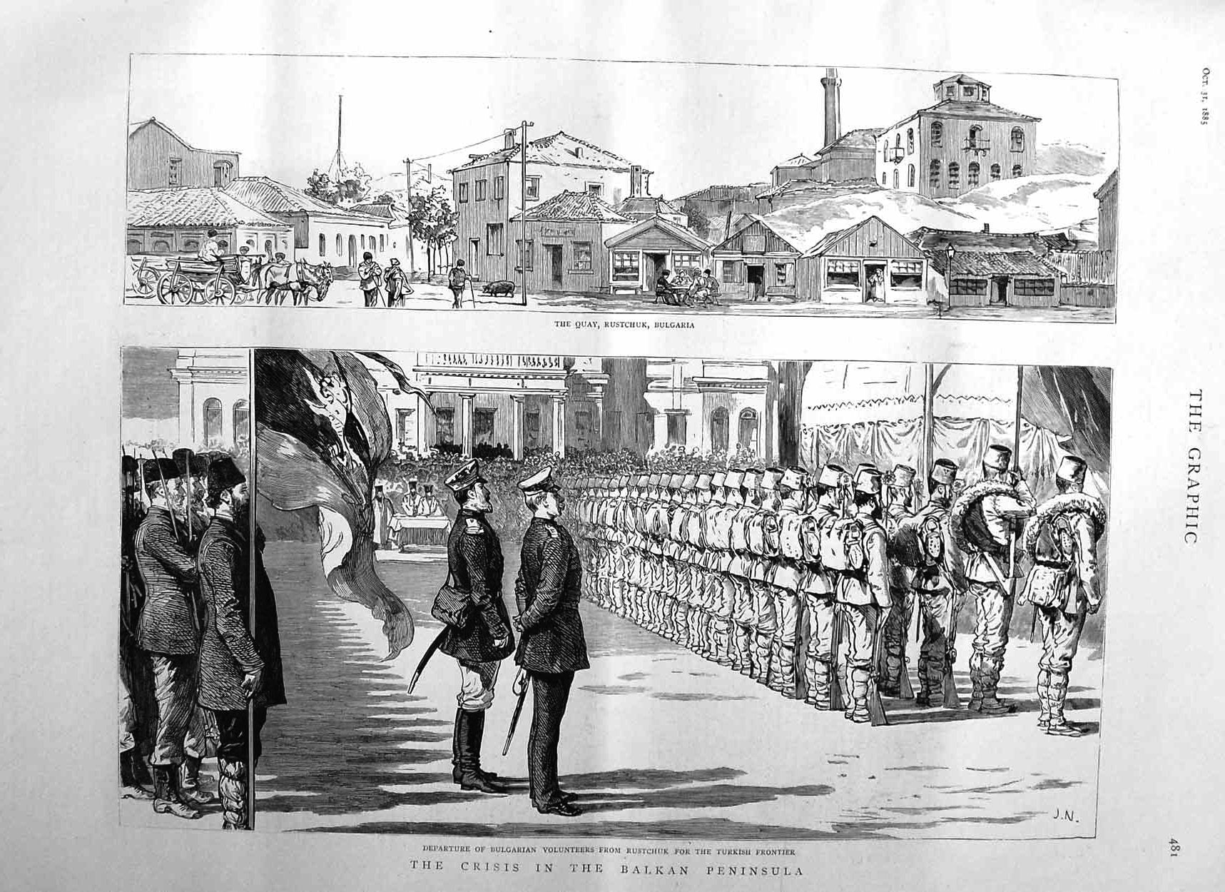 Original Old Antique Print 1885 Balkan Peninsula Bulgarian Volunteers Rustchuk