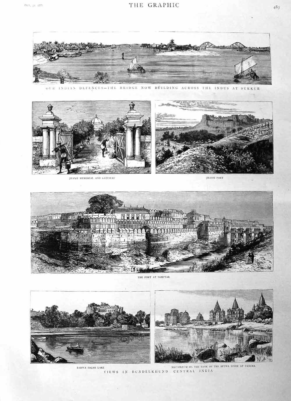 Old Antique Print 1885 Bundelkhund India Fort Samptar Jhansi Sukkur War 19th