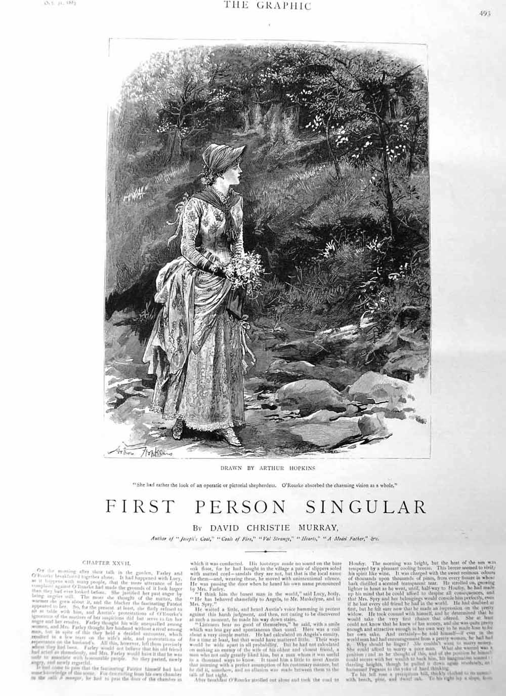 Original Old Antique Print 1885 Illustration Story O'Rourke Lady Flowers Art
