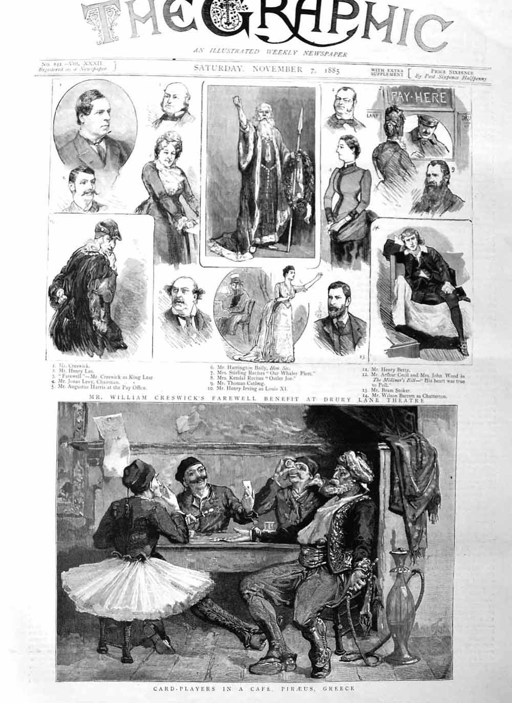 Original Old Antique Print 1885 Card Players Caf„© Greece Creswick Theatr 19th