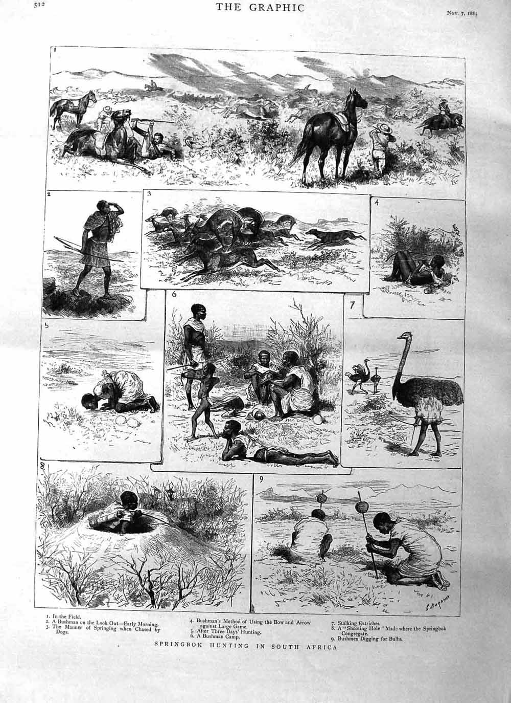 Original Old Antique Print 1885 Springbok Hunting South Africa Natives Ostrich
