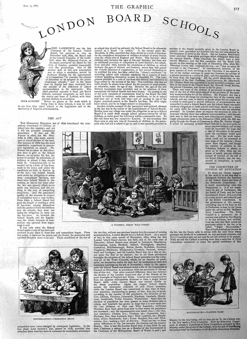 Original Old Antique Print 1885 London Board Schools Children Nursery Victorian