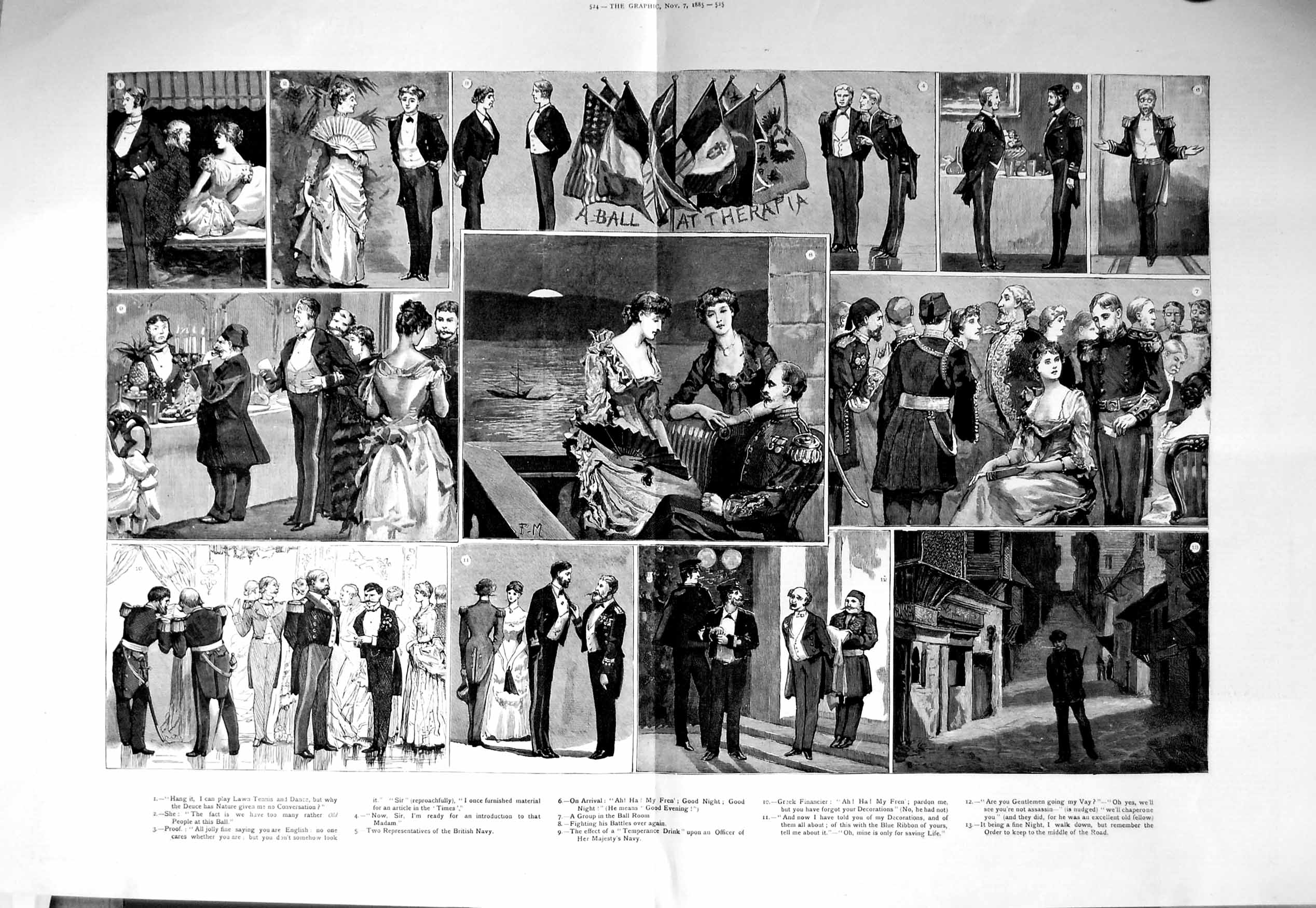 Original Old Antique Print 1885 Ball Therapia Officer Navy Street Moon F 19th