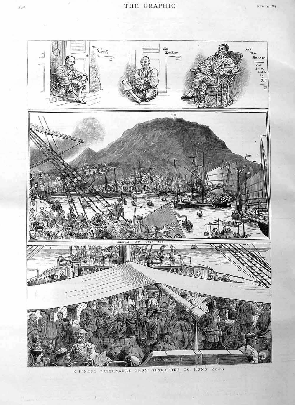 Original Old Antique Print 1885 Chinese Passengers Singapore Hong Kong Sh 19th