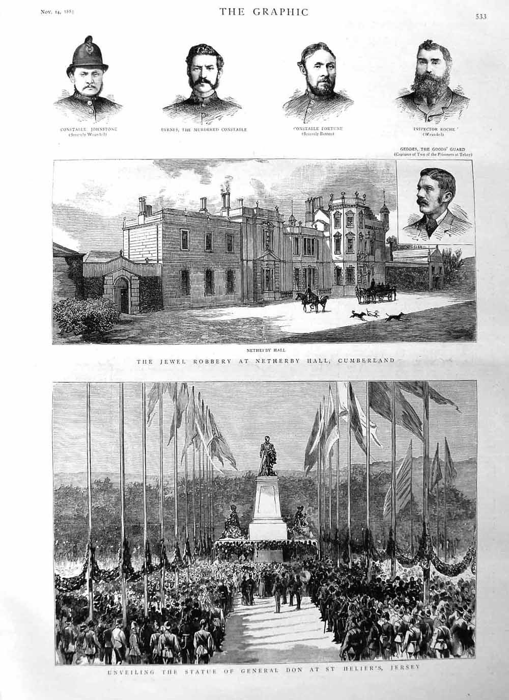 Original Old Antique Print 1885 Statue General Don Jersey Netherby Cumberl 19th