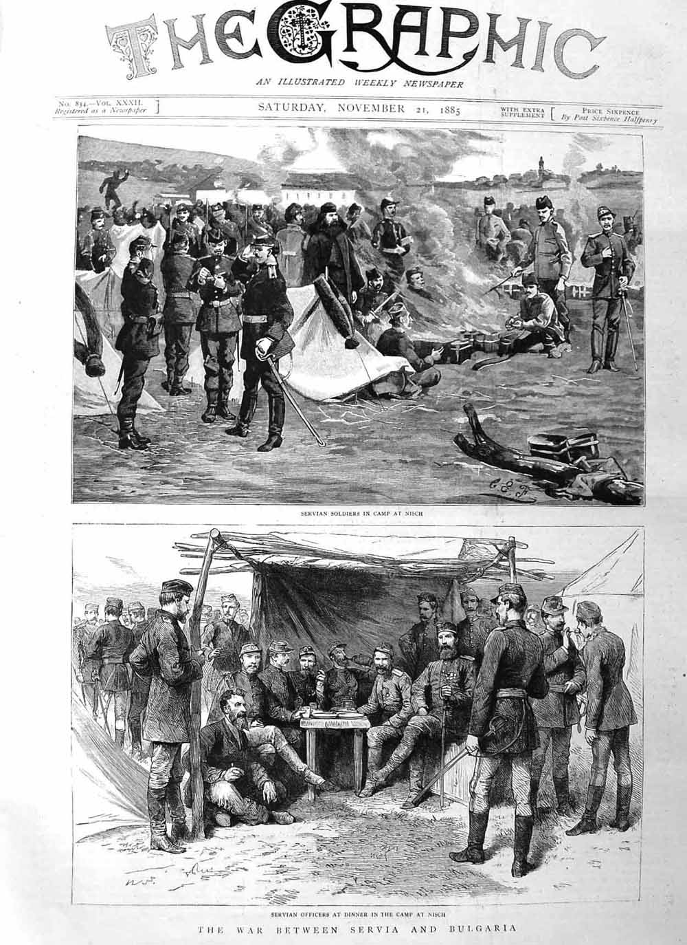Original Old Antique Print 1885 War Servia Bulgaria Camp Nisch Officer Victorian