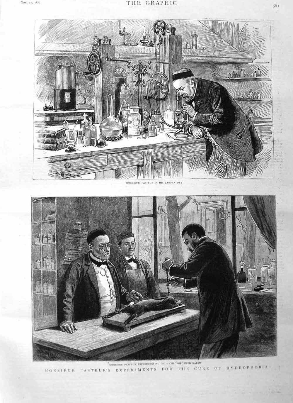 Original Old Antique Print 1885 Monsieur Pasteur Laboratory Cure Hydr Victorian