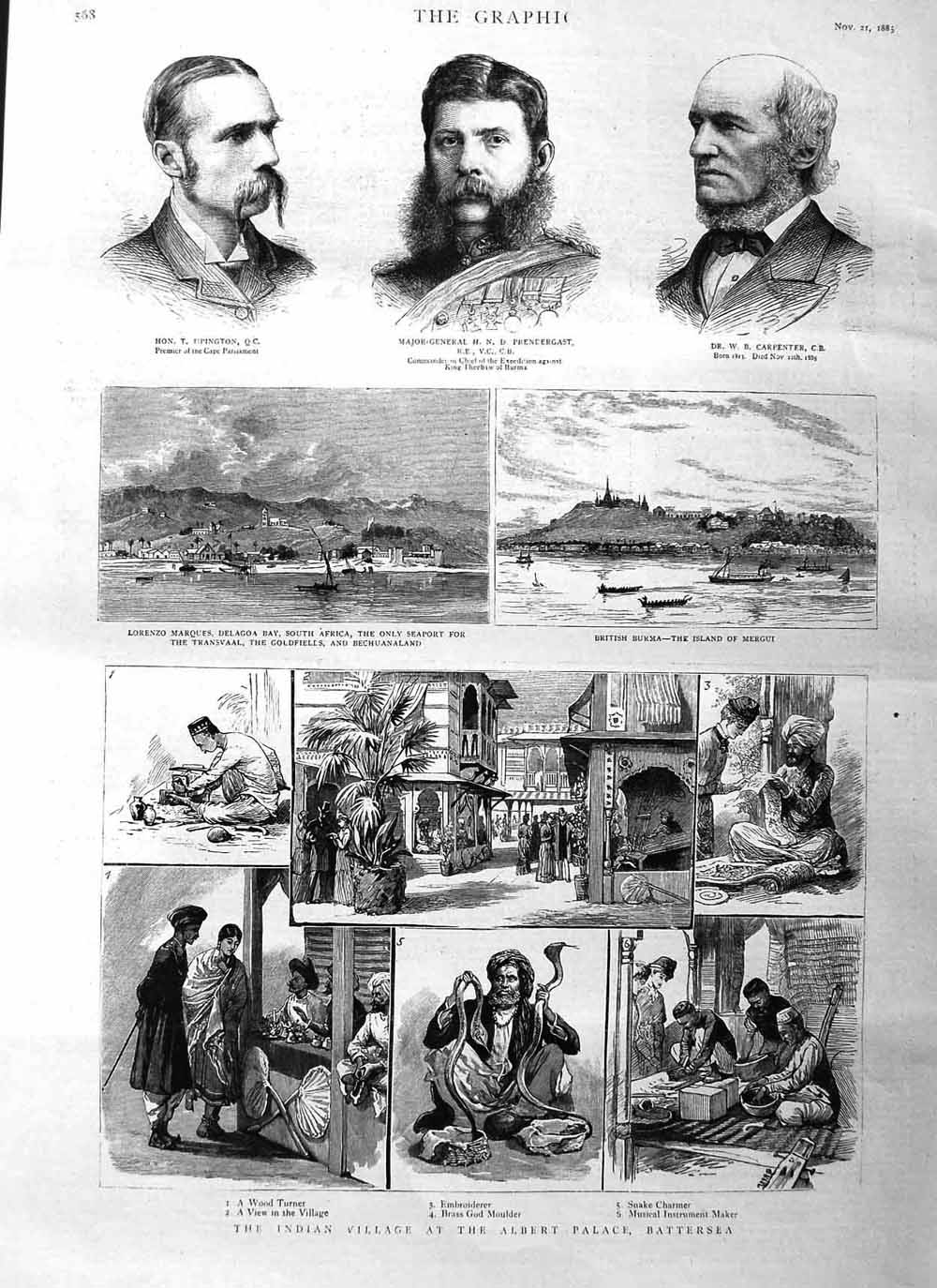 Old Antique Print 1885 Indian Village Albert Battersea Burma Upington Men 19th