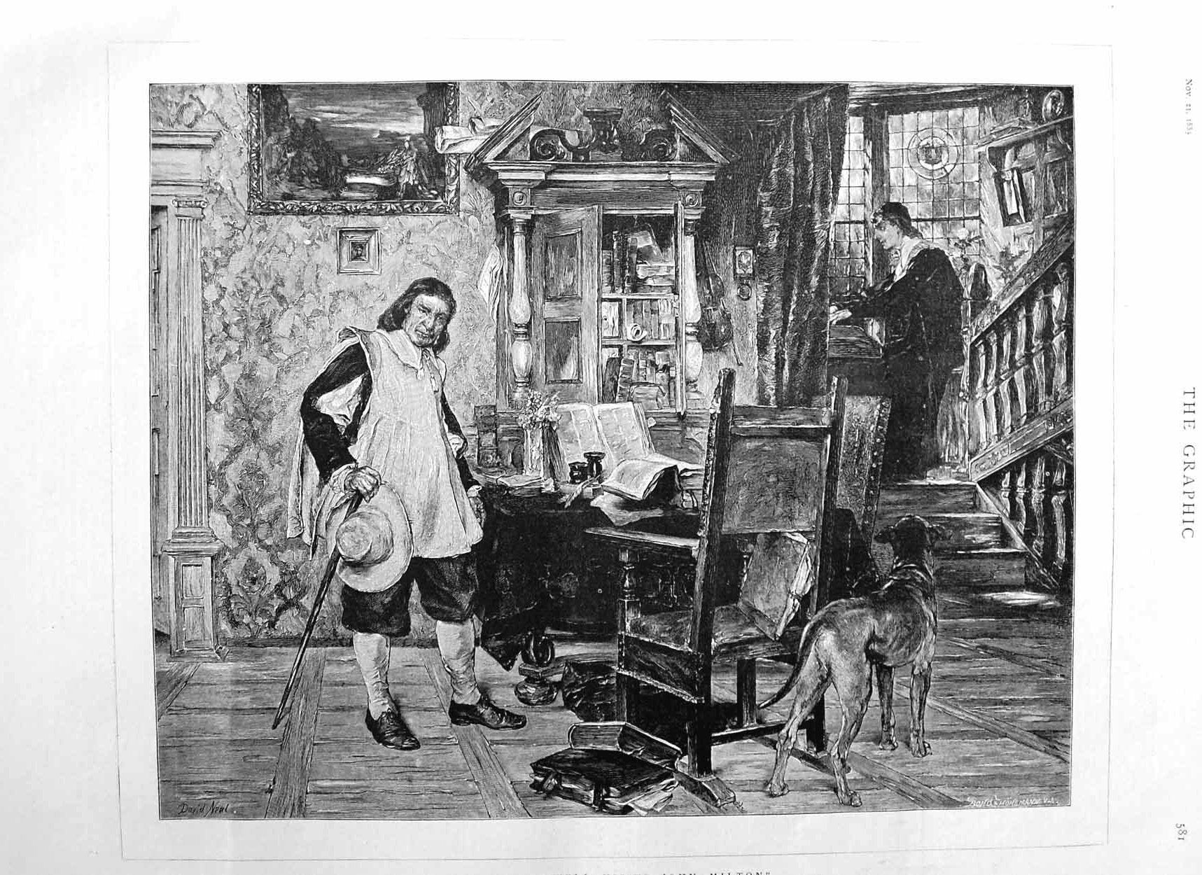 Original Old Antique Print 1885 Fine Art Oliver Cromwell Visits John Milton Dog