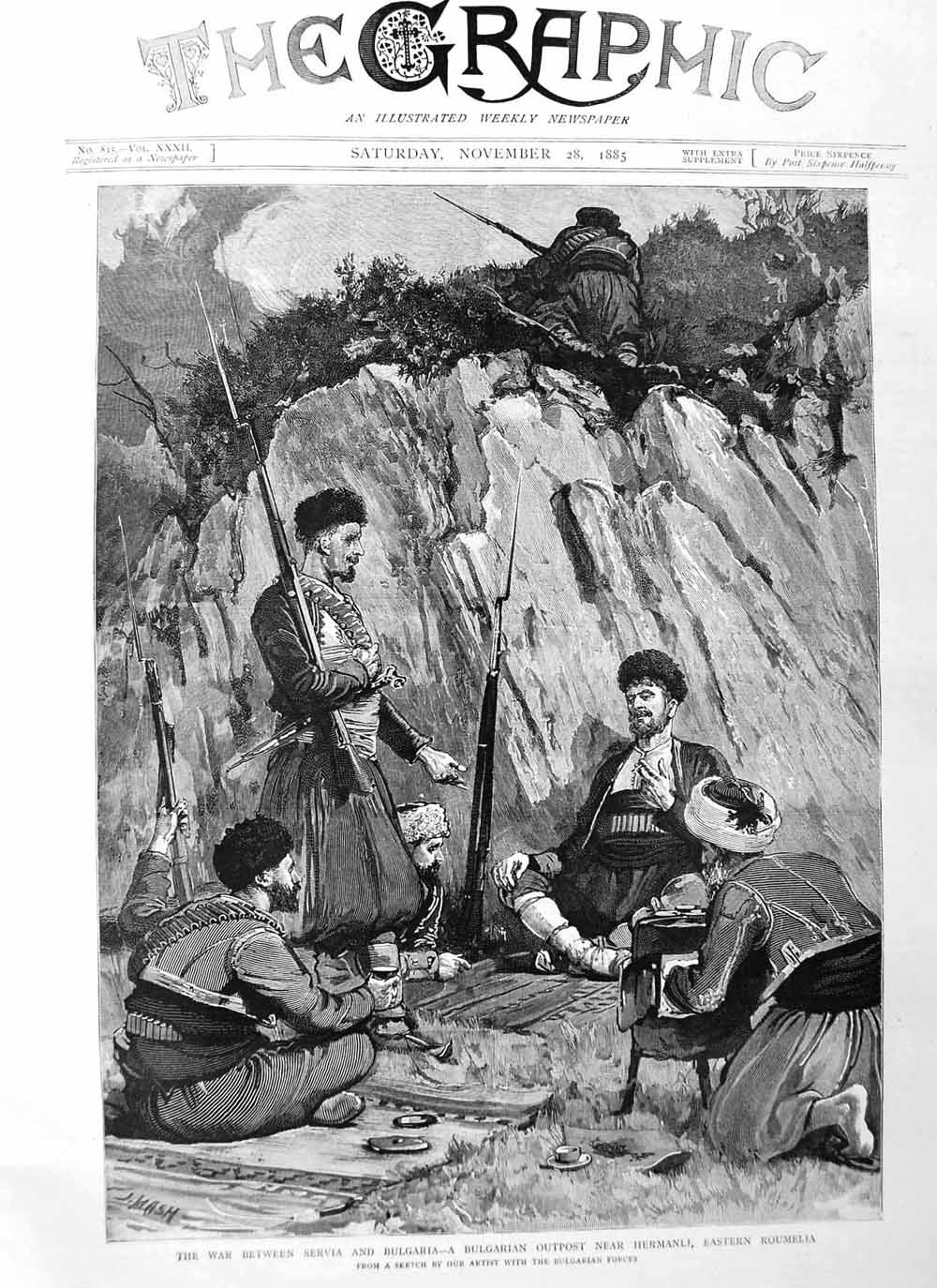Original Old Antique Print 1885 War Servia Bulgaria Outpost Hermanli Roumel 19th