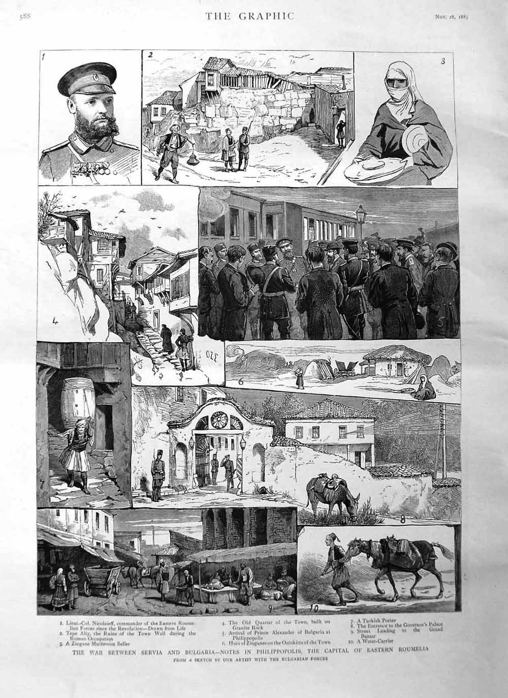 Old Antique Print 1885 War Servia Bulgaria Philippopolis Roumelia Prince 19th
