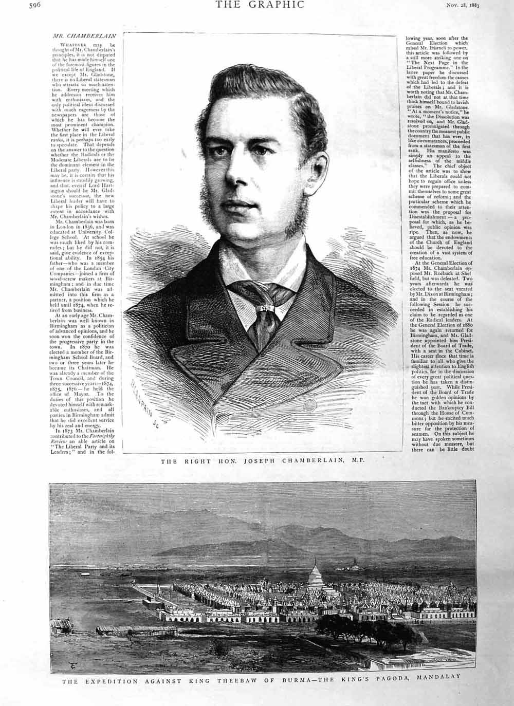 Original Old Antique Print 1885 Joseph Chamberlain King Burma Pagoda Mandalay