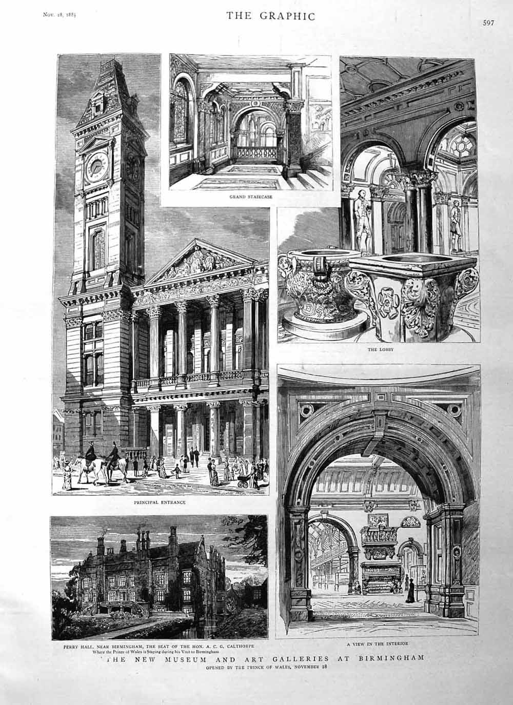 Original Old Antique Print 1885 Museum Art Gallery Birmingham Perry Hall Lobby