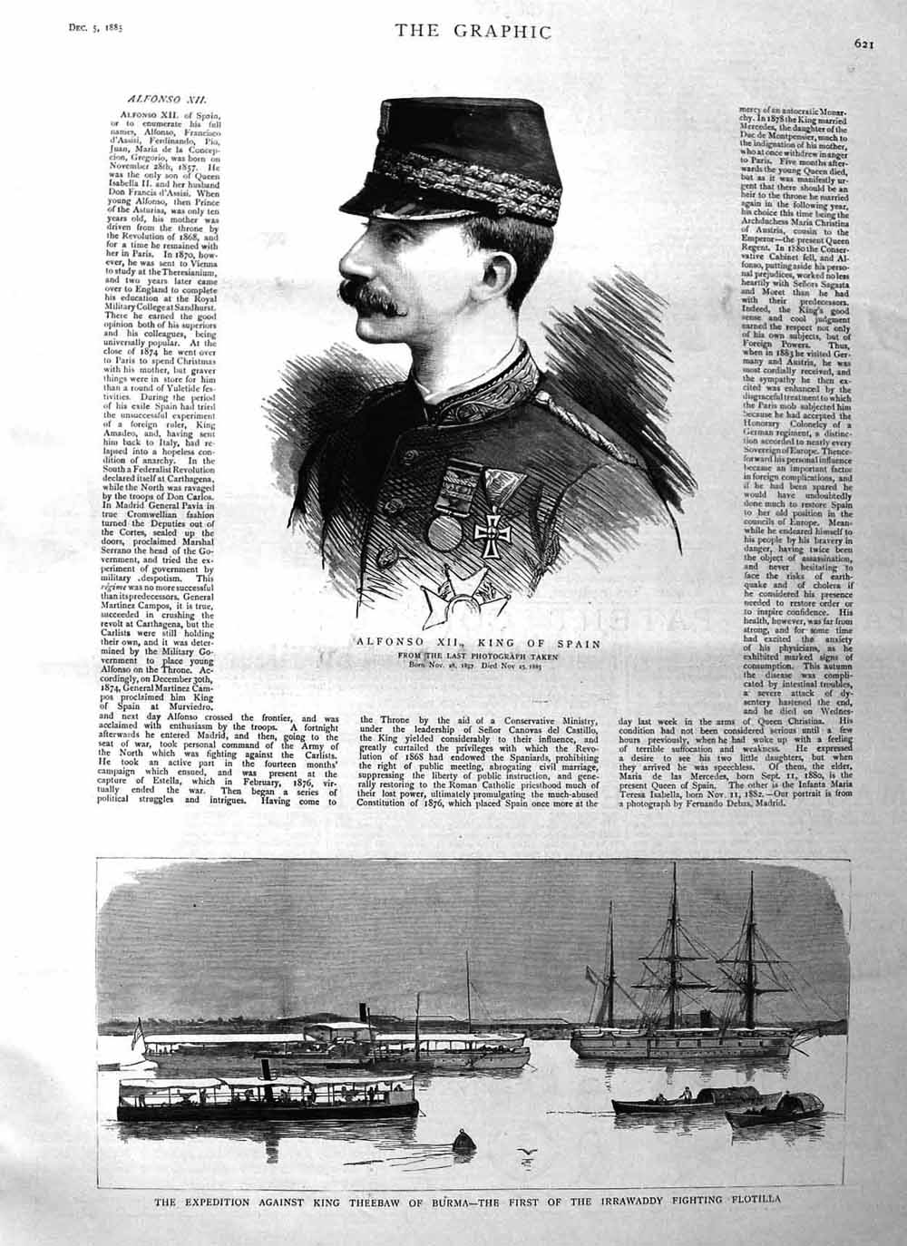 Original Old Antique Print 1885 Alfonso King Spain King Theebaw Burma Irrawaddy
