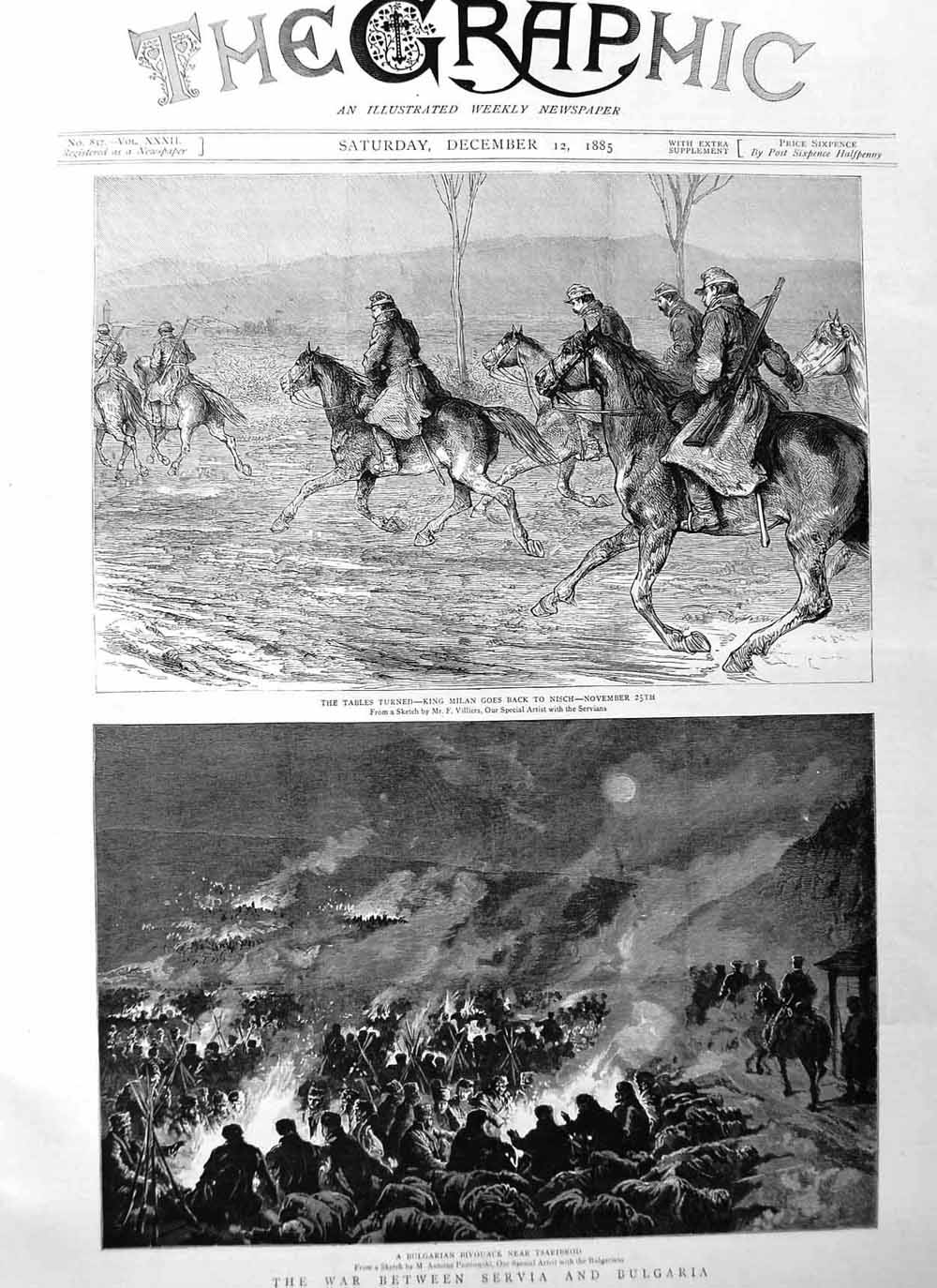 Original Old Antique Print 1885 War Servia Bulgaria Tsaribrod King Mila 19th