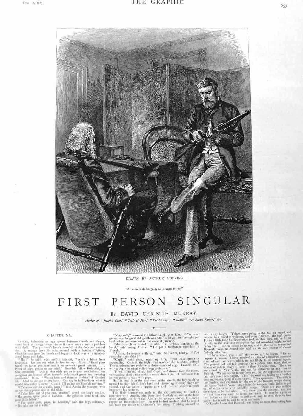 Original Old Antique Print 1885 Illustration Story Men Gun House Chair Fine Art