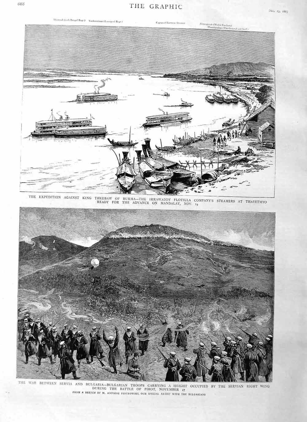 Original Old Antique Print 1885 War Servia Bulgaria Battle Pirot King Victorian