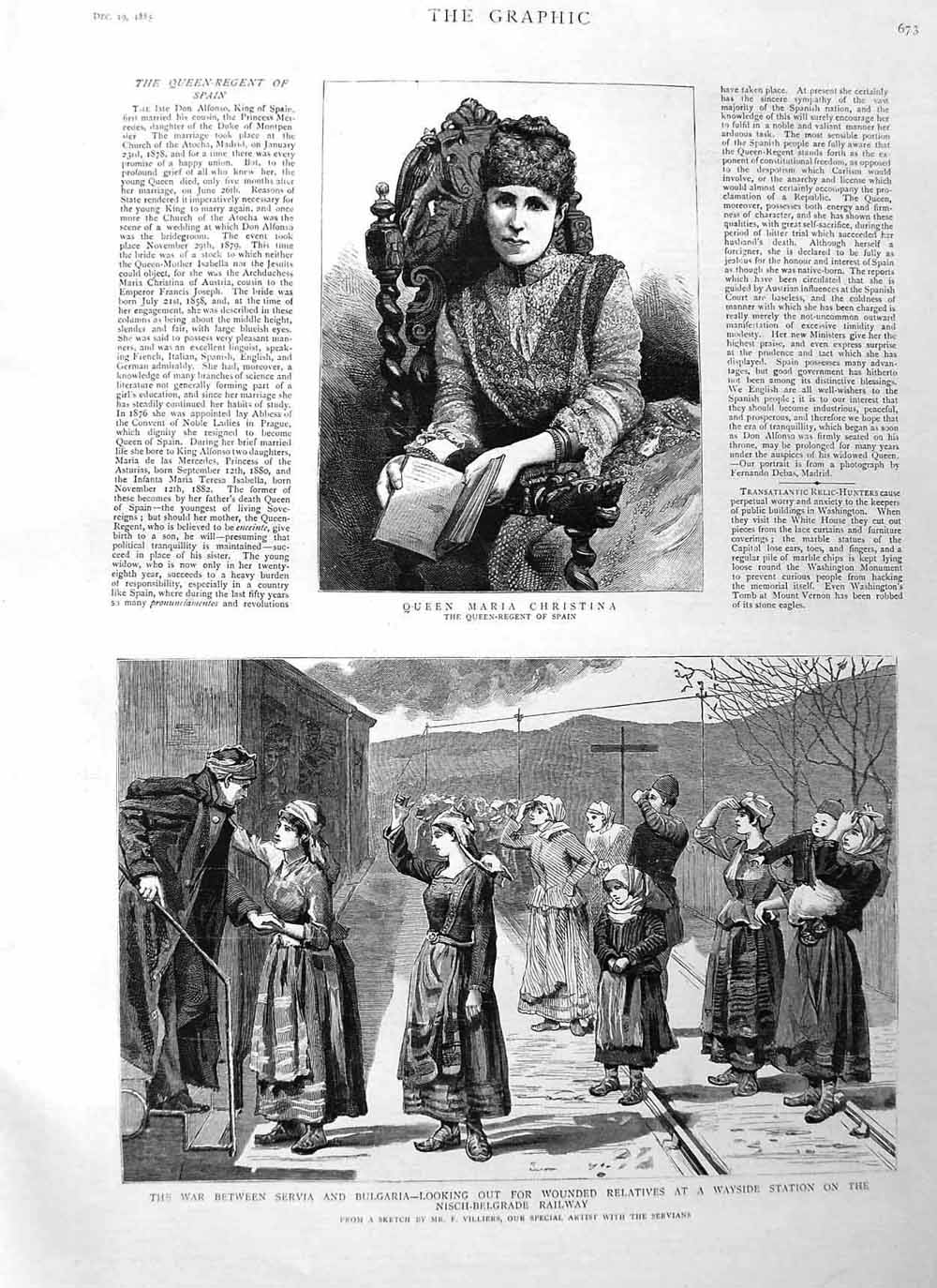 Old Antique Print 1885 Queen Maria Christina War Servia Bulgaria Railway 19th