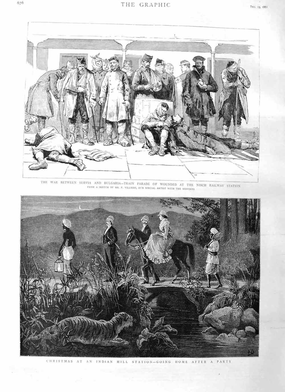 Original Old Antique Print 1885 Christmas Indian Station Tiger War Servia Nisch