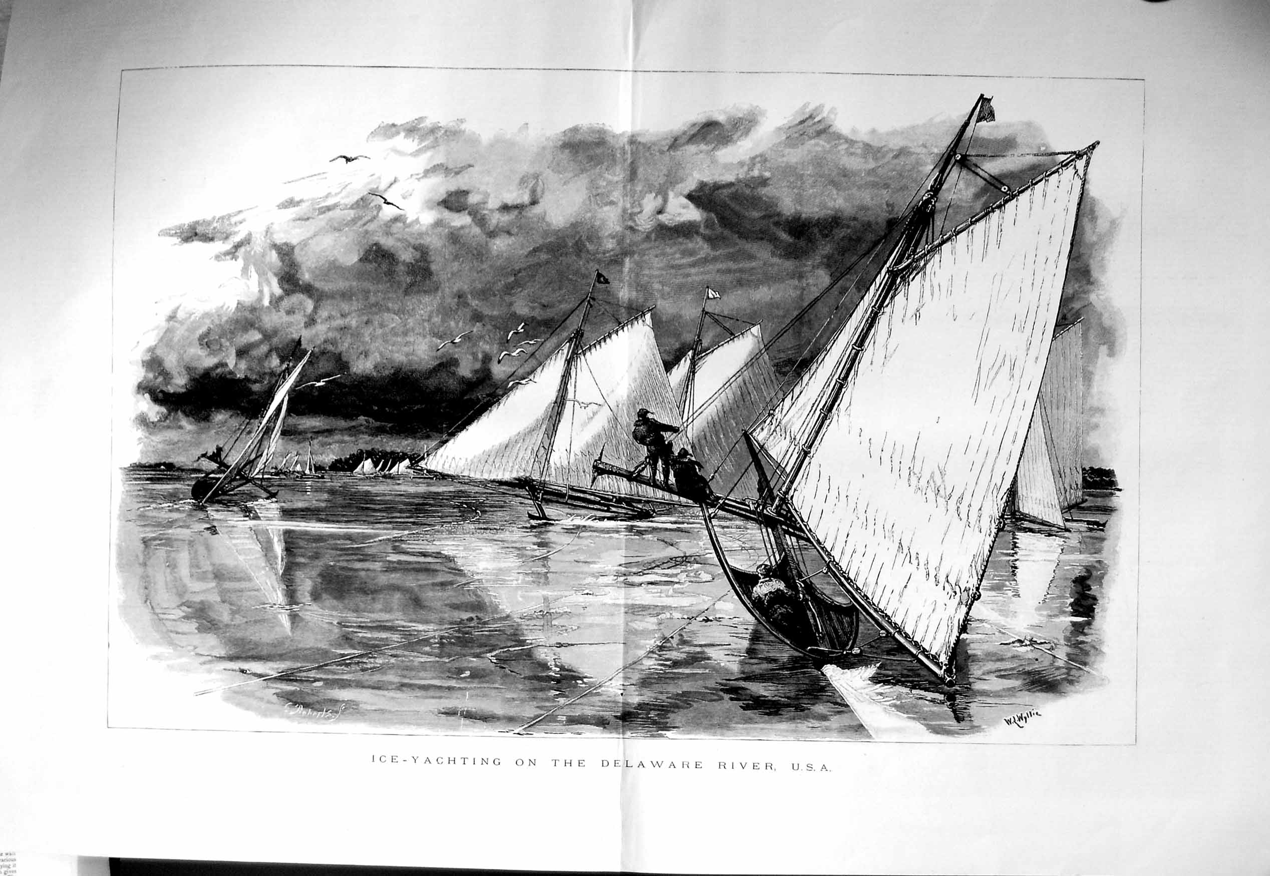 Original Old Antique Print 1885 Ice Yachting Delaware River America Victorian