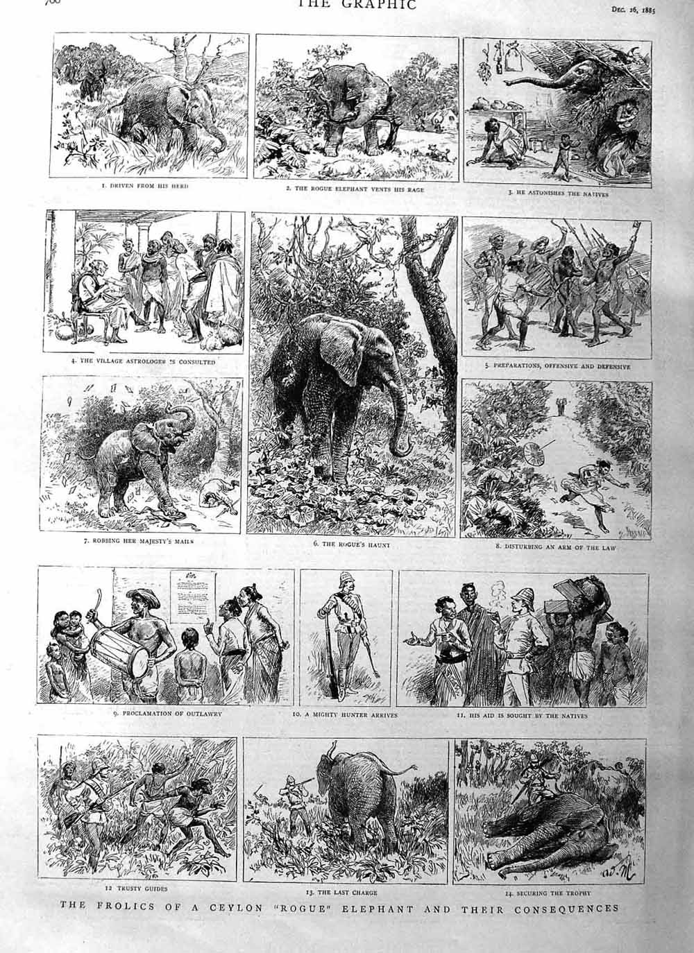 Original Old Antique Print 1885 Ceylon Rogue Elephant Hunting Jungle Natives
