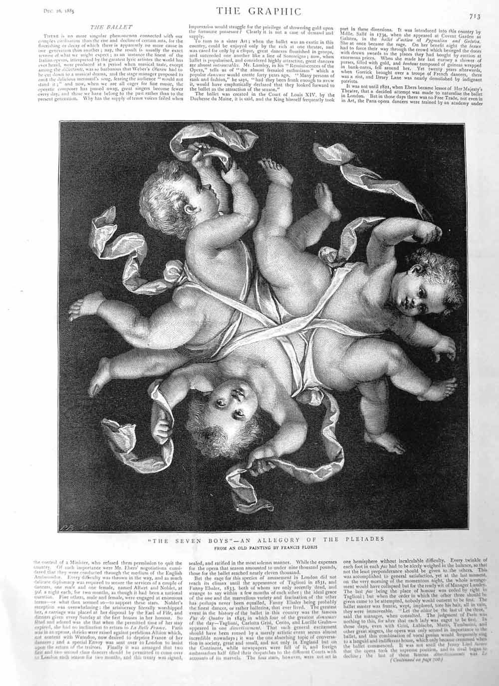 Original Old Antique Print 1885 Francis Floris Art Seven Boys Allegory Pleiades