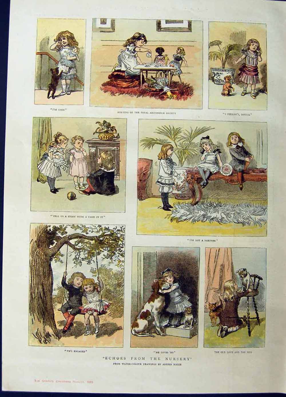Original Old Antique Print 1885 Colour Story Children Playing Swing Dogs 19th