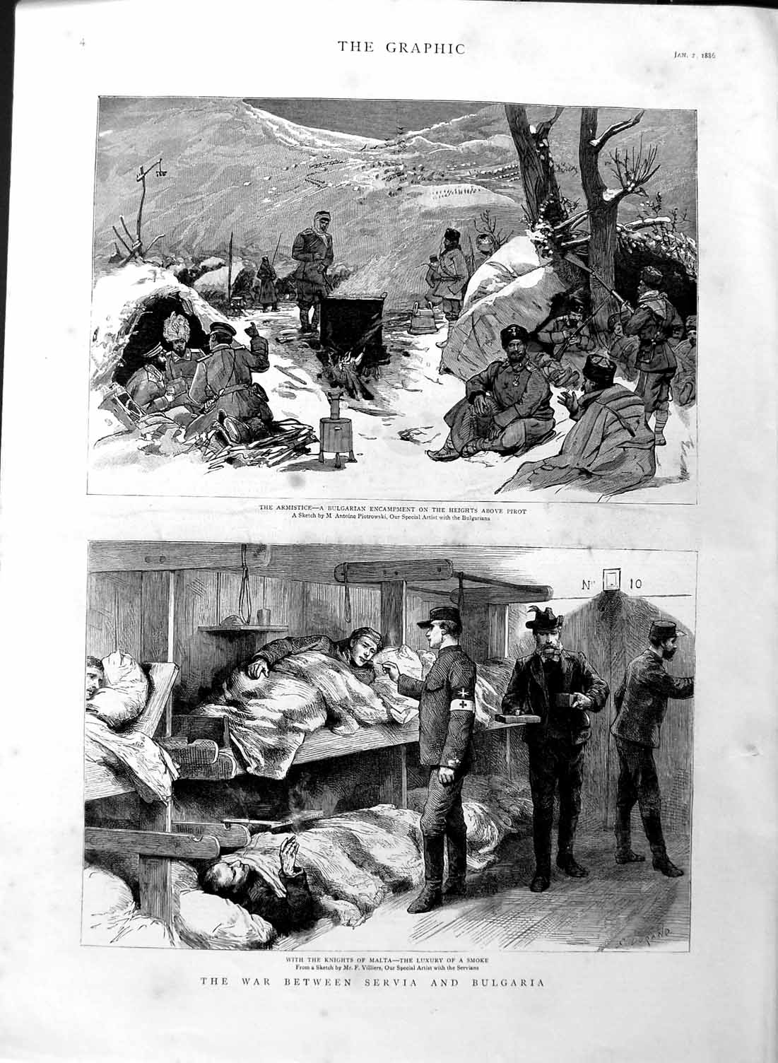 Original Old Antique Print 1886 War Servia Bulgaria Knights Malta Camp Pirot