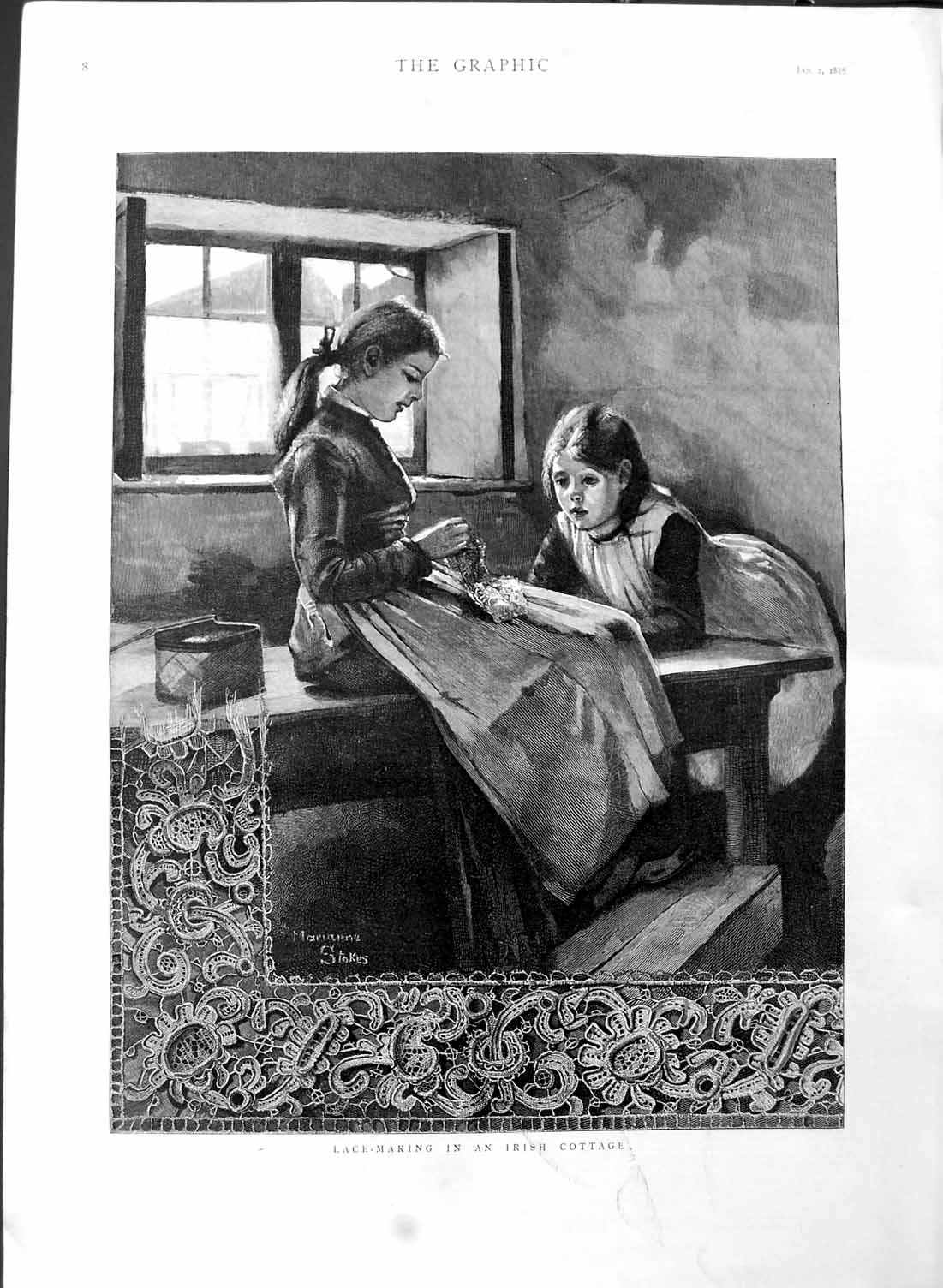 Original Old Antique Print 1886 Lace Making Ireland Cottage Industry Littl 19th