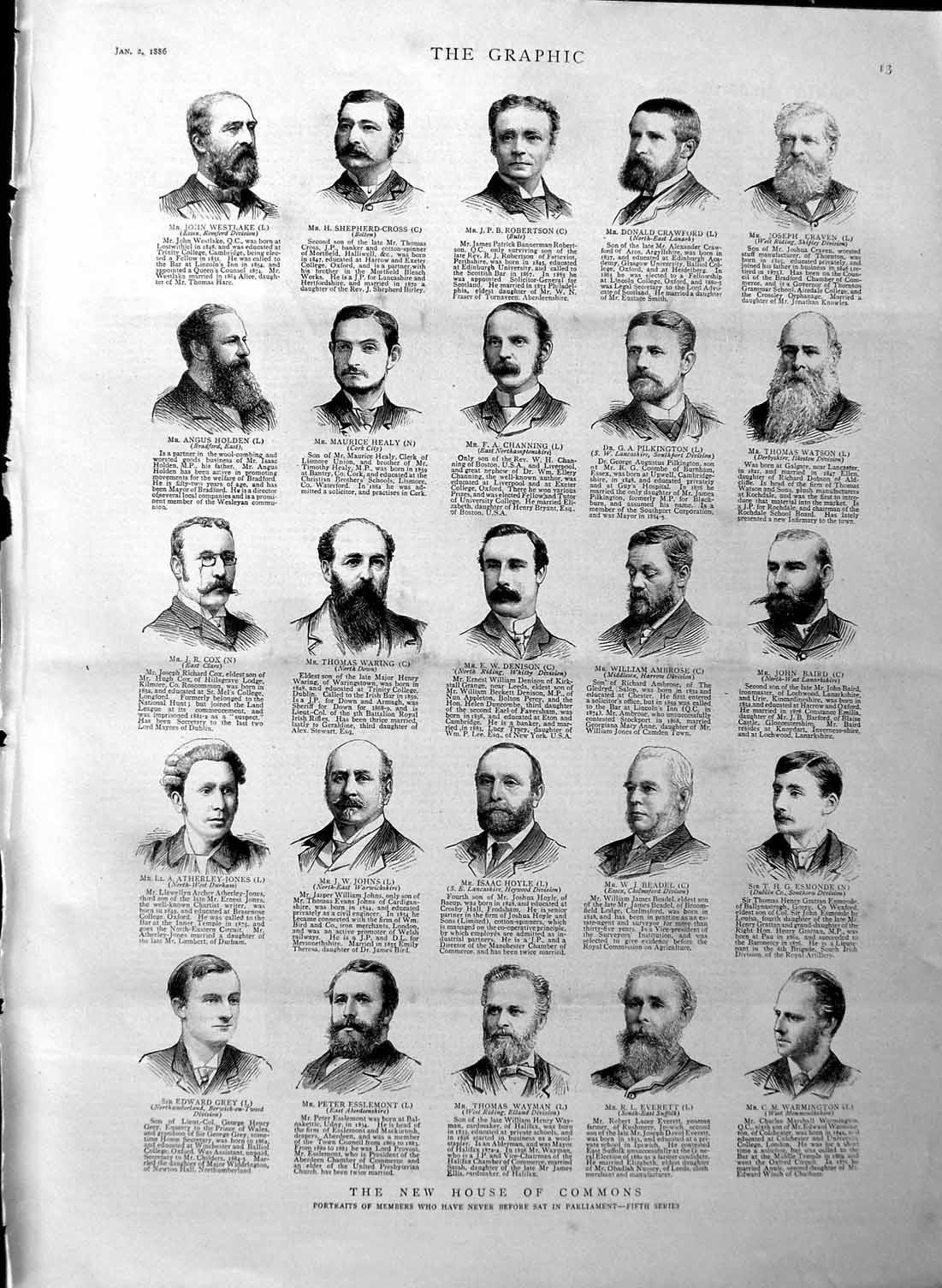 Original Old Antique Print 1886 Commons Robertson Wayman Johns Denison Healy