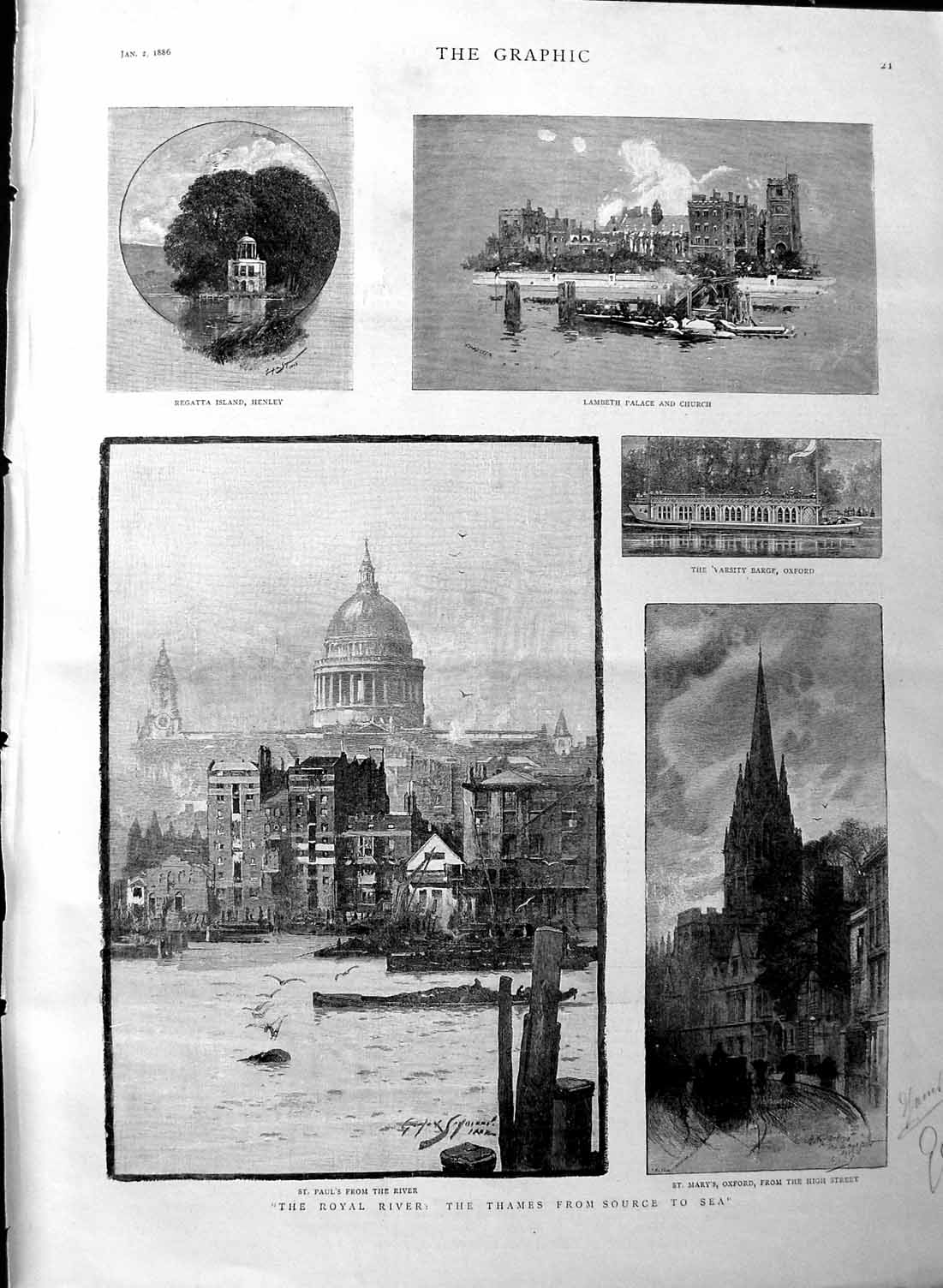 Old Antique Print 1886 River Thames London Regatta Henley Lambeth Pau'Ls 19th