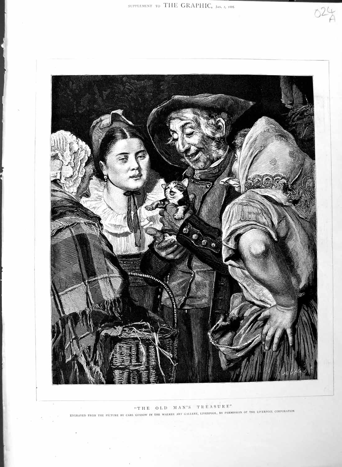 Original Old Antique Print 1886 Mans Treasure Kitten Basket Ladies Fine Art 0