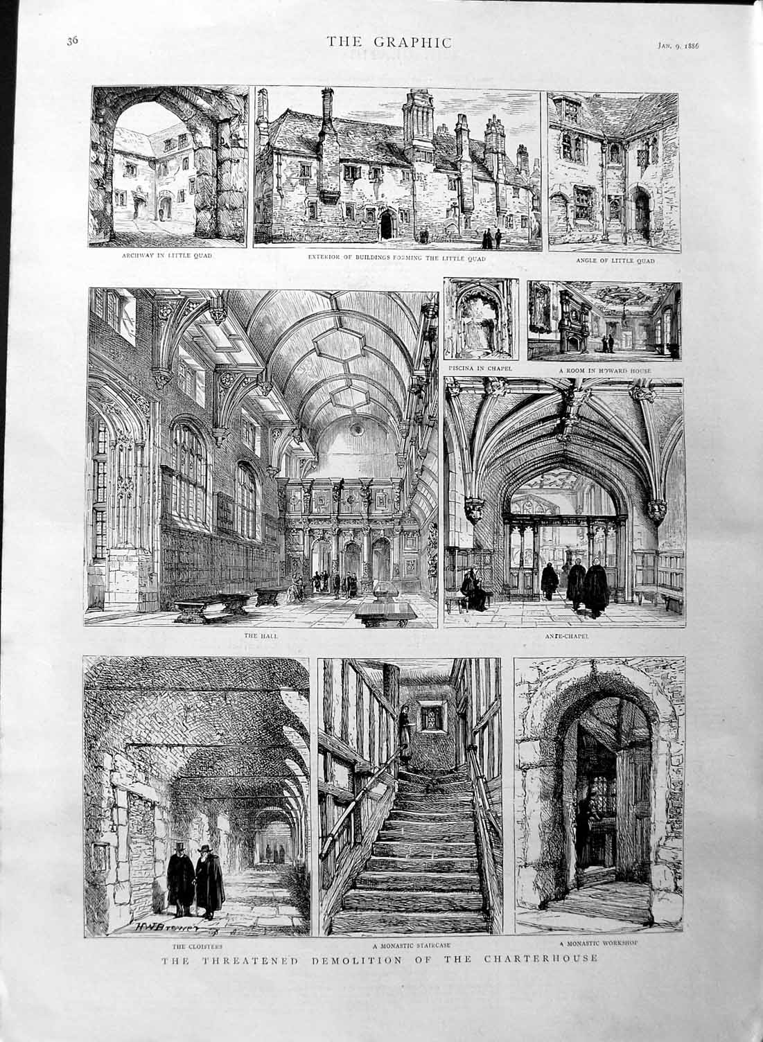 Original Old Antique Print 1886 Charterhouse Monastic Workshop Chapel Howar 19th