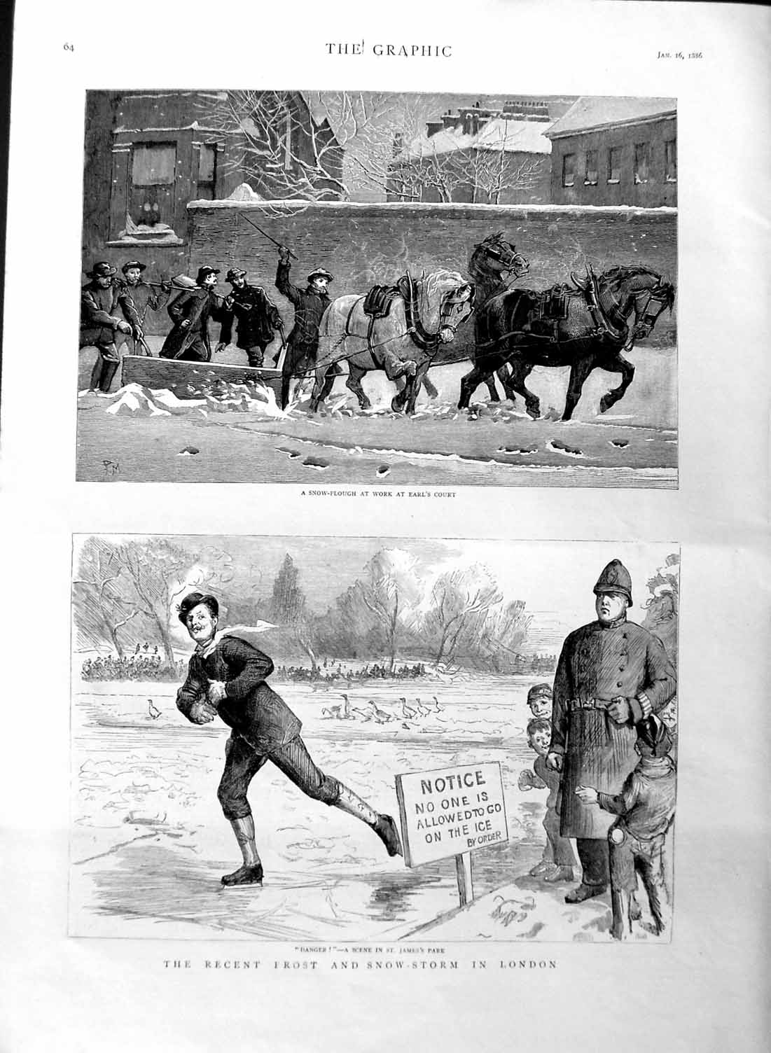 Original Old Antique Print 1886 Frost Snow London Earl'S Court Snow-Ploug 19th
