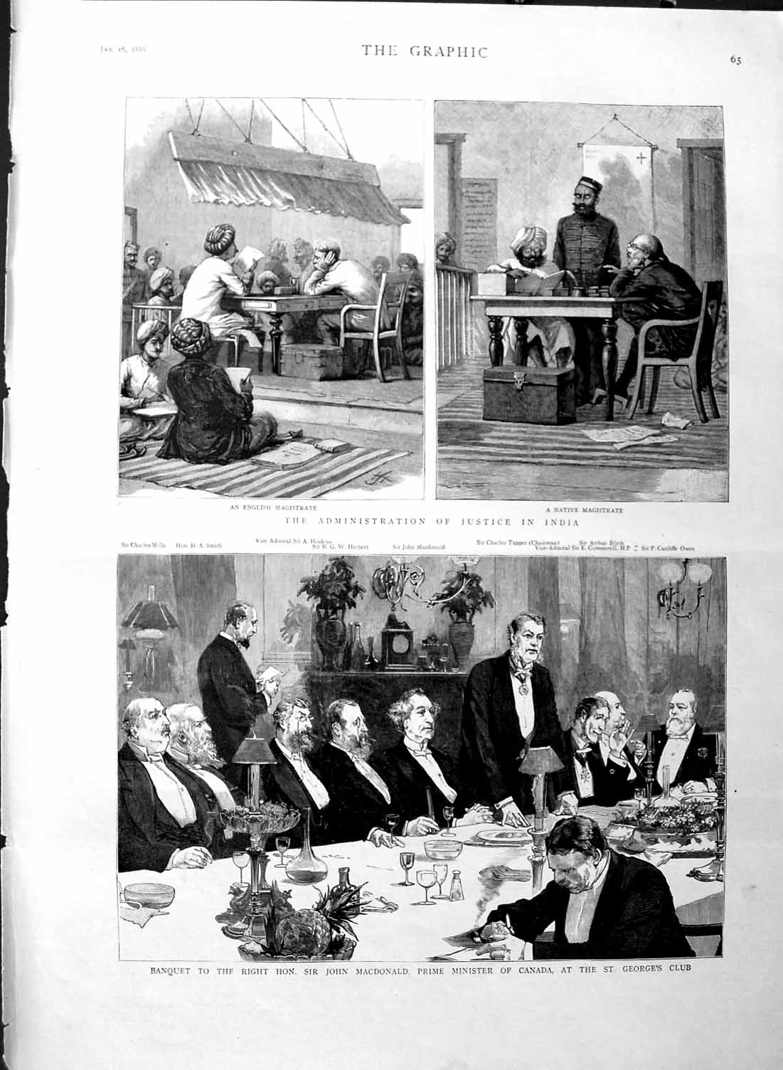 Original Old Antique Print 1886 Banquet Macdonald Minister Canada Justice India